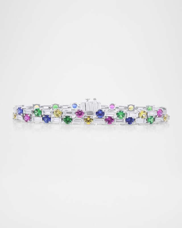 Platinum Diamond Tennis Bracelet with Multicolored Sapphires and Green Tsavorite